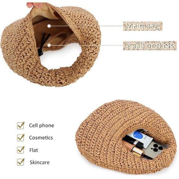 Khaki Woven Straw Handbag for Women Summer Beach Clutch Vacation Bag - Picture 8 of 8